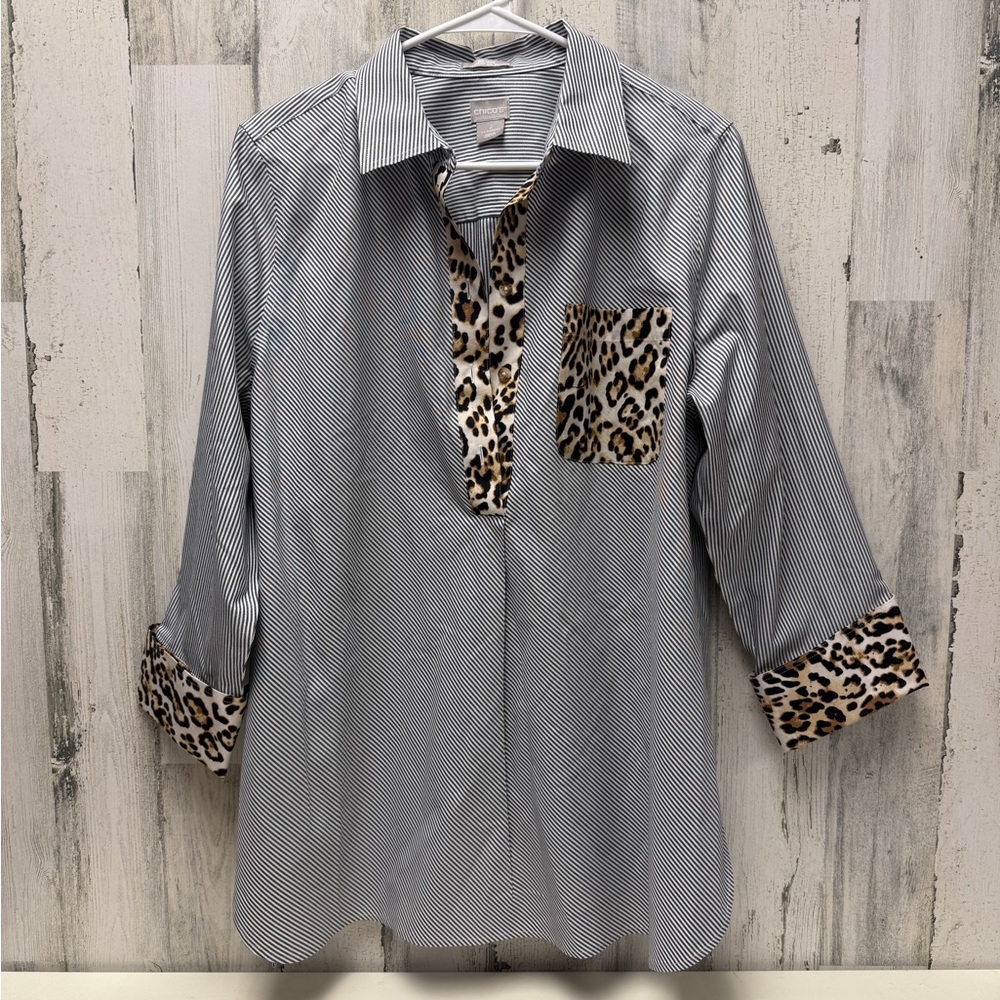 Chico's Black and White Striped Shirt with Leopard Accents